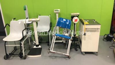 Large Mixed Lot Including Ergotron Stand, 3 x Wheelchair Weighing Scales (1 x Missing Wheel), 2 x Marsden Stand on Weighing Scales, 1 x Tanita Standon Scales Stand on Scales, 1 x Blood Pressure Meter on Stand, 1 x Eschmann VP Matburn VP12-S Suction Pump a