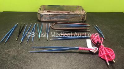 Job Lot of Diathermy Forceps with 1 x Diathermy Cable in Metal Tray