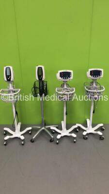 2 x Welch Allyn Spot Vital Signs Monitors on Stands and 2 x Welch Allyn 52N0P Patient Monitors on Stands with 2 x BP Hoses and 2 x SpO2 Finger Sensors (All Power Up) * SN