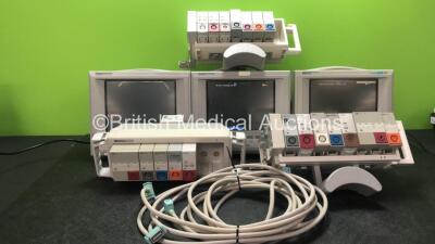 Job Lot Including 2 x Agilent Ref M1205A Patient Monitors (Both Power Up, 1 with Faulty and Damaged Screen-See Photo) 1 x Hewlett Packard Viridia 24CT Patient Monitor (Powers Up)2 x Philips M3081 Connection Leads, 3 x Hewlett Packard M1041A Module Racks w