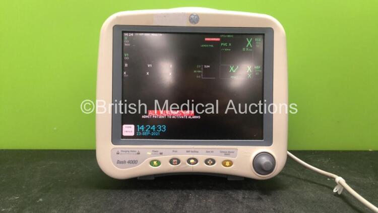 GE Dash 4000 Patient Monitor Including ECG, SpO2, NBP, CO2, Temp/CO, BP 1/3 and BP 2/4 Options (Powers Up with Cracked Casing-See Photos)