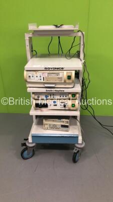 Dyonics Stack Trolley with Smith and Nephew Digital Management System, Smith and Nephew Digital 3-Chip Camera Control Unit, Smith and Nephew 300XL Xenon Light Source and Sony SVO-9500MDP Video Cassette Recorder (Powers Up) ***IR1231***
