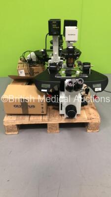 Olympus IX70-S1F Fluorescence Microscope with 2 x WH10X/22 Eyepieces and Accessories (Powers Up) *S/N 6E00161*