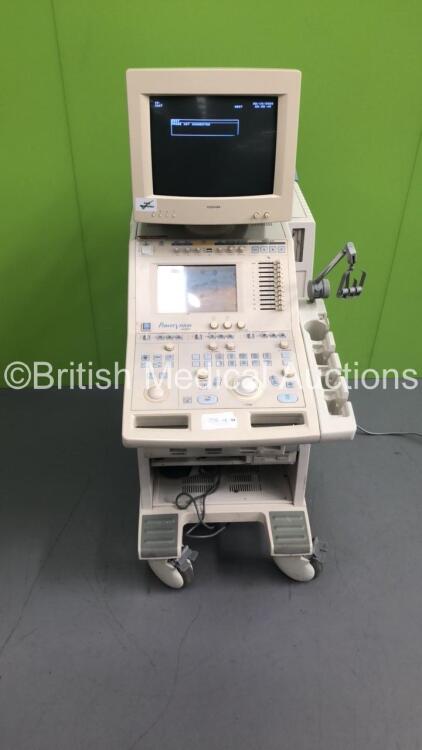 Toshiba PowerVision 6000 SSA-370A Ultrasound Scanner *S/N F1524786* **Mfd 02/2001** with Mitsubishi P91 Printer (Powers Up - Damage to Rear Panel and Side Lower Panel)