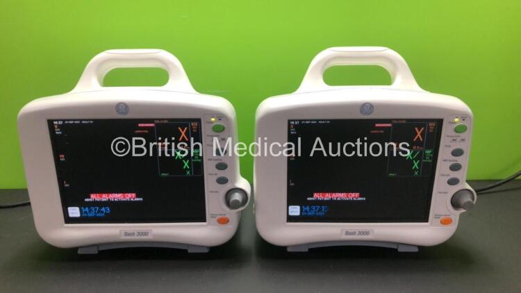 2 x GE Dash 3000 Patient Monitors Including ECG, NBP, CO2, BP1, BP2, SpO2 and Temp/co Options *Mfd 2013* (Both Power Up) *SHQ131273537A - SHQ13127244SA*