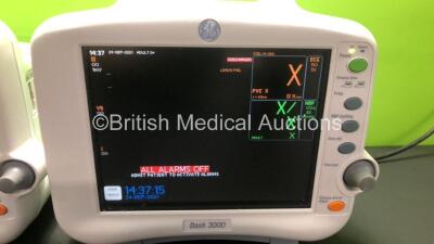 2 x GE Dash 3000 Patient Monitors Including ECG, NBP, CO2, BP1, BP2, SpO2 and Temp/co Options *Mfd 2013* (Both Power Up) *SHQ131273537A - SHQ13127244SA* - 2