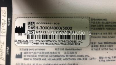 2 x GE Dash 3000 Patient Monitors Including ECG, NBP, CO2, BP1, BP2, SpO2 and Temp/co Options *Mfd 2013* (Both Power Up) *SHQ131273537A - SHQ13127244SA* - 5