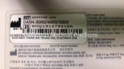 2 x GE Dash 3000 Patient Monitors Including ECG, NBP, CO2, BP1, BP2, SpO2 and Temp/co Options *Mfd 2013* (Both Power Up) *SHQ13127351SA - SHQ13127352SA* - 6