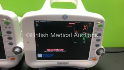 2 x GE Dash 3000 Patient Monitors Including ECG, NBP, CO2, BP1, BP2, SpO2 and Temp/co Options *Mfd 2013* (Both Power Up) *SHQ131 - 2