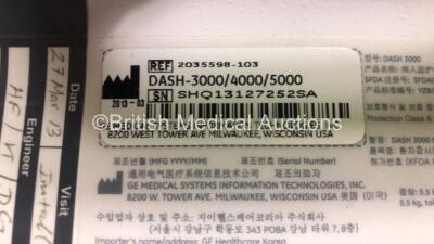 2 x GE Dash 3000 Patient Monitors Including ECG, NBP, CO2, BP1, BP2, SpO2 and Temp/co Options *Mfd 2013* (Both Power Up) *SHQ131 - 6