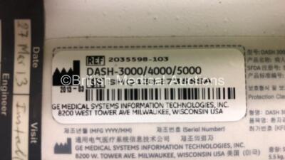 2 x GE Dash 3000 Patient Monitors Including ECG, NBP, CO2, BP1, BP2, SpO2 and Temp/co Options *Mfd 2013* (Both Power Up) *SHQ13127355SA - SHQ13076575SA* - 5