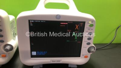 2 x GE Dash 3000 Patient Monitors Including ECG, NBP, CO2, BP1, BP2, SpO2 and Temp/co Options *Mfd 2013* (Both Power Up) *SHQ13127234SA - SHQ13076550SA* - 2