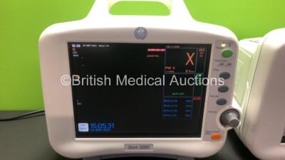 2 x GE Dash 3000 Patient Monitors Including ECG, NBP, CO2, BP1, BP2, SpO2 and Temp/co Options *Mfd 2013* (Both Power Up) *SHQ13127234SA - SHQ13076550SA* - 3