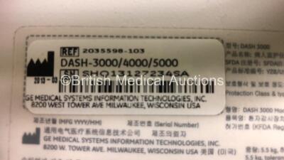 2 x GE Dash 3000 Patient Monitors Including ECG, NBP, CO2, BP1, BP2, SpO2 and Temp/co Options *Mfd 2013* (Both Power Up) *SHQ13127234SA - SHQ13076550SA* - 7