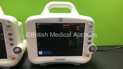 2 x GE Dash 3000 Patient Monitors Including ECG, NBP, CO2, BP1, BP2, SpO2 and Temp/co Options *Mfd 2013 - 2006* (Both Power Up with Slight Casing Damage - See Photos) *SHQ13127254SA - SBG06377818GA* - 2