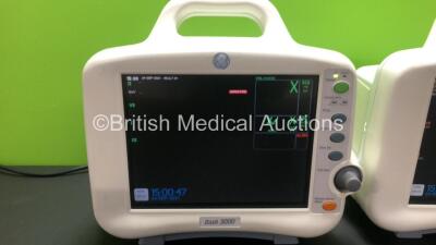 2 x GE Dash 3000 Patient Monitors Including ECG, NBP, CO2, BP1, BP2, SpO2 and Temp/co Options *Mfd 2013 - 2006* (Both Power Up with Slight Casing Damage - See Photos) *SHQ13127254SA - SBG06377818GA* - 3