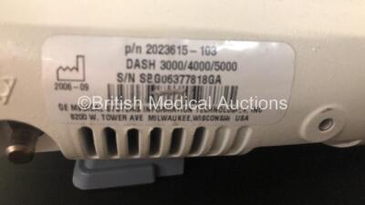 2 x GE Dash 3000 Patient Monitors Including ECG, NBP, CO2, BP1, BP2, SpO2 and Temp/co Options *Mfd 2013 - 2006* (Both Power Up with Slight Casing Damage - See Photos) *SHQ13127254SA - SBG06377818GA* - 7