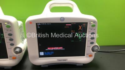 2 x GE Dash 3000 Patient Monitors Including ECG, NBP, CO2, BP1, BP2, SpO2 and Temp/co Options *Mfd 2013* (Both Power Up with Slight Casing Damage - See Photos) *SHQ131 - 2