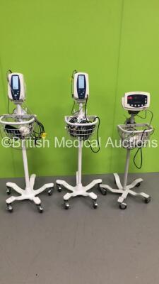 2 x Welch Allyn Spot Vital Signs Monitors on Stands with 2 x BP Hoses,2 x SpO2 Finger Sensors and 2 x BP Cuffs and 1 x Welch Allyn 53N00 Patient Monitor on Stand with 1 x SpO2 Finger Sensor,1 x BP Cuff and 1 x BP Hose (All Power Up)