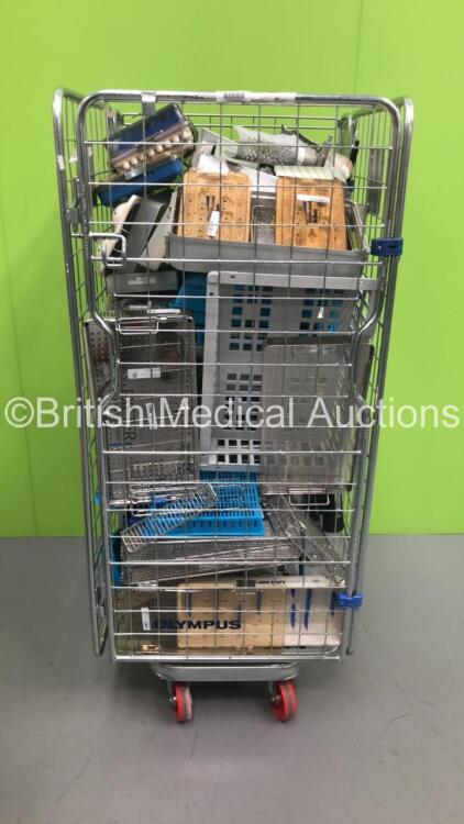 Large Cage of Assorted Surgical Instrument Trays Including Olympus and Bausch & Lomb Stellaris (Cage Not Included)