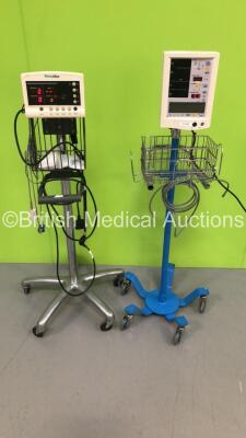 1 x Datascope Accutorr Plus Patient Monitor on Stand with BP Hose and 1 x Welch Allyn 52000 Series Patient Monitor on Stand with BP Hose and SpO2 Finger Sensor (Both Power Up)