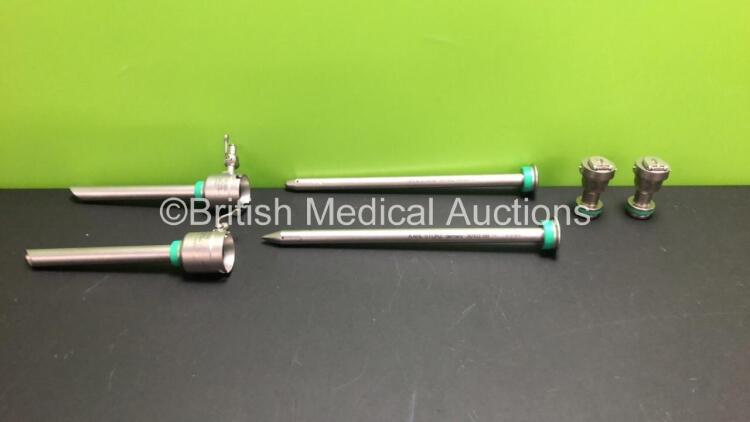 2 x Karl Storz 11mm Laparoscopic Cannulas 30103 H2 with 2 x Karl Storz Multifunctional Valves 30103A1, 1 x Blunt Trocar 30103A and 1 x Sharp Trocar 30103 SB