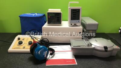 Mixed Lot Including 1 x Amplivox Screening 16 Audiometer with 1 x Headphones and 1 x AC Power Supply in Carry Bag (Powers Up) 1 x Criticare SpO2 Comfort Cuff Monitor (No Power) 1 x Datascope Duo Patient Monitor (Powers Up with Blank Screen and Damage-See