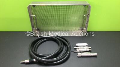 2 x MicroAire Air Motor Handpieces 1000.100 with 1 x Sagittal Saw 1955, 1 x Wire Driver 1995 and 1 x Short Key with Air Hose in Metal Tray