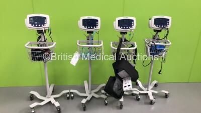 4 x Welch Allyn 53N00 Patient Monitors on Stands with 4 x BP Hoses,4 x SpO2 Finger Sensors and 4 x BP Cuffs (All Draw Power Suspected Flat Batteries)