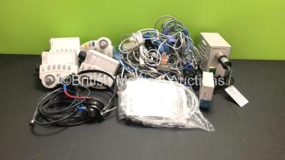 Mixed Lot Including Job Lot of Patient Monitor Leads,Olympus OES MU-1 Leakage Tester,Philips SpO2 Module,1 x Audiometry Headphones and 4 x Philips Module Attachments