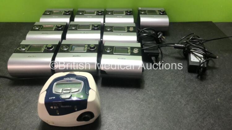 Job Lot of CPAP Units Including 9 x ResMed AutoSet S9 CPAP Units with 2 x AC Power Supplies (All Power Up, 2 with Missing Dials and 1 with Cracked Casing-See Photos) 1 x ResMed AutoSet Spirit CPAP Unit with 1 x AC Power Supply (Powers Up) *SN 200904158950