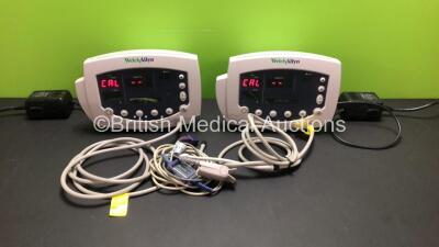 2 x Welch Allyn 53NOP Vital Signs Monitors (Both Power Up) with 2 x Power Supplies, 1 x BP Hose and 1 x SpO2 Finger Sensor