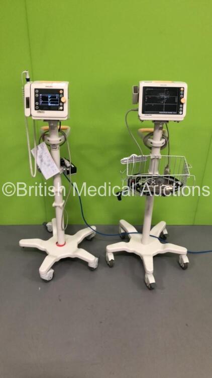 1 x Philips SureSigns VS2 Patient Monitor on Stand with SpO2 and NBP Options and 1 x Philips SureSigns VM4 Patient Monitor with ECG,SpO2 and NBP Options and 1 x BP Hose and Cuff (Both Power Up-1 x Missing Wheel) * SN US72012653 / US90300790 *