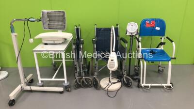 Mixed Lot Including 1 x Marsden Baby Weighing Scales on Mobile Trolley,1 x Marsden Seated Weighing Scales, 2 x Mobile Wheelchairs,1 x Accoson BP Meter on Stand,1 x Medela Patient Examination Light and 1 x Welch Allyn Patient Examination Light