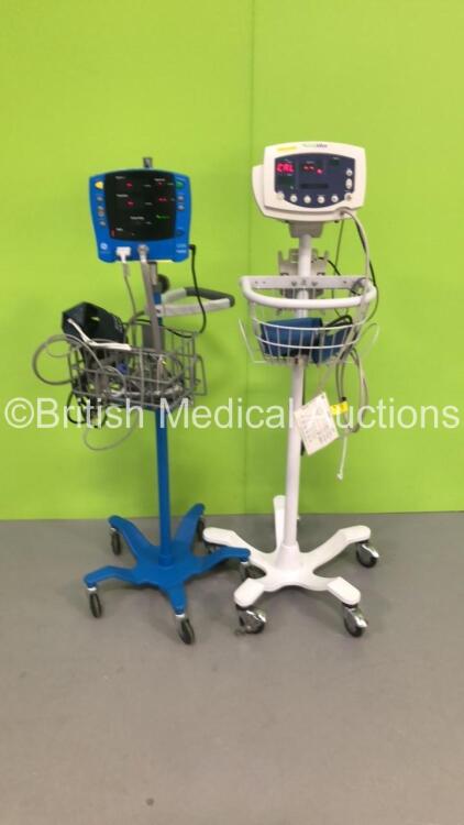 1 x Welch Allyn 53N00 Patient Monitor on Stand with 1 x SpO2 Finger Sensor and 1 x BP Hose and Cuff and 1 x GE Carescape V100 Patient Monitor on Stand with 1 x BP Hose and Cuff and 1 x SpO2 Finger Sensor (Both Power Up) * SN JA100357 / SDT09040294SP *