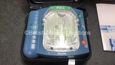 3 x Philips Heartstart HS1 Defibrillators with 3 x Philips Ref M5070A Batteries *Install Dates - 11-2026, 11-2026, 11-2026* with 3 x Philips M5071A Smart Pads Cartridge *Use By Dates- 07-2023. 07-2023, 07-2023* (All Power Up and Boxed in Excellent Conditi - 2