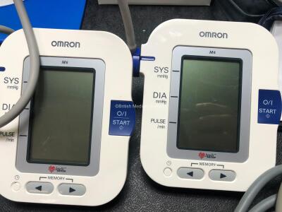 Mixed Lot Including 2 x Leicester Height Measure Units, 2 x Omron M6 Blood Pressure Monitors (Both Untested Due to Possible Flat Batteries) 1 x AND Medical UA-767 Digital Blood Pressure Monitor (Powers Up) 6 x BP Cuffs - 2