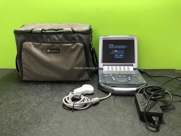 Sonosite M-Turbo Portable Ultrasound Ref P08189-65 Boot Version 51.80.105.014 ARM Version 51.80.105.015 with 1 x AC Power Supply and 1 x Sono Site Ref PO7680-30A Transducer / Probe in Carry Bag (Powers Up)*Mfd 09-2010*