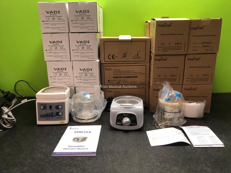 Job Lot of VADI Humidifier Units and Humidification Accessories Including 1 x VADI VH-1500 Respiratory Humidifier Unit (Powers Up) 3 x Inspired Medical VHB10A Humidifier Units (All Power Up) 16 x VADI G-314003 Reusable Humidification Chambers, 12 x Inspir