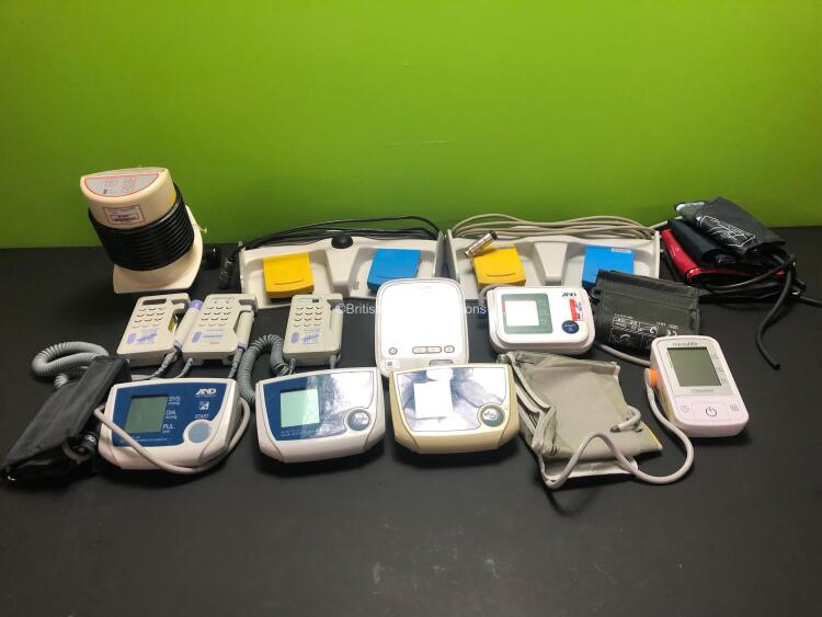 Mixed Lot Including 2 x Olympus Footswitches (Damage to 1 x Cable - See Photo) 3 x Huntleigh Dopplers, 6 x BP Monitors, 7 x BP Cuffs and 1 x Biegler Medizinelektronik BW 585