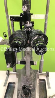 TopCon Slit Lamp (Unknown Model) on Table with 2 x 10x Eyepieces and Haag Streit Bern Tonometer (No Power - Cosmetic Marks on Unit and Table) - 3