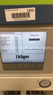 Drager Fabius Plus Anaesthesia Machine Software Version 3.20 - Total Hours Run 4029 - Total Ventilator Hours 72 with Hoses (Powers Up) *S/N ARZA0001* **Mfd 2008** - 2