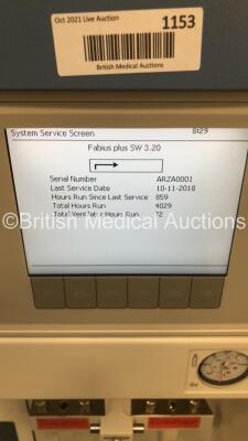 Drager Fabius Plus Anaesthesia Machine Software Version 3.20 - Total Hours Run 4029 - Total Ventilator Hours 72 with Hoses (Powers Up) *S/N ARZA0001* **Mfd 2008** - 3