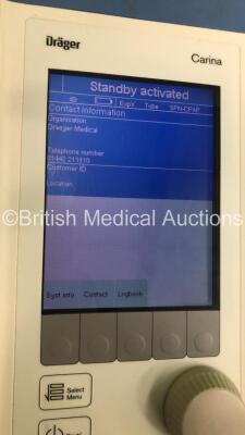 Drager Carina Ventilator on Stand Software Version 03.21 Boot Software Version D1.7 - Operating Hours 1971 with Battery and Battery Cable (Powers Up) *S/N SRZA-0062* **Mfd 2008** - 4