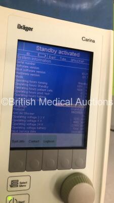 Drager Carina Ventilator on Stand Software Version 03.21 Boot Software Version D1.7 - Operating Hours 1971 with Battery and Battery Cable (Powers Up) *S/N SRZA-0062* **Mfd 2008** - 5