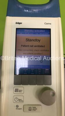 Drager Carina Ventilator on Stand Software Version 03.21 Boot Software Version D1.7 - Operating Hours 1132 with Battery and Battery Cable (Powers Up) *S/N SRZA-0060* **Mfd 2008** - 4