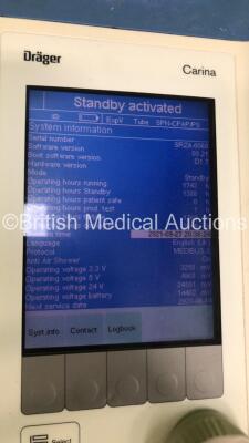 Drager Carina Ventilator on Stand Software Version 03.21 Boot Software Version D1.7 - Operating Hours 1132 with Battery and Battery Cable (Powers Up) *S/N SRZA-0060* **Mfd 2008** - 6