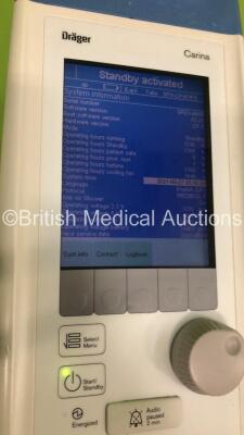 Drager Carina Ventilator on Stand Software Version 03.21 Boot Software Version D1.7 - Operating Hours 1132 with Battery and Battery Cable (Powers Up) *S/N SRZA-0060* **Mfd 2008** - 7