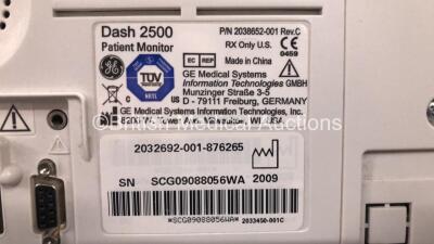 GE Dash 2500 Patient Monitor with SpO2, ECG, NIBP Options and 1 x SpO2 Finger Sensor, NIBP Lead (Powers Up) * Mfd 2010 * **SCG09088056WA** - 4