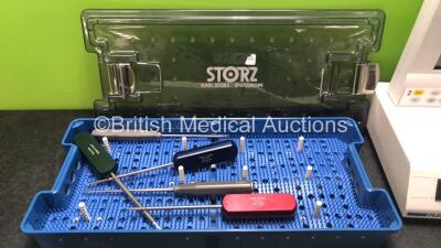 Mixed Lot Including 5 x Karl Storz Surgical Instruments in Tray, 1 x Flexi Scope IQ 101 Unit (Powers Up) 1 x Datex Ohmeda S/5 Monitor (Untested Due to No Power Supply) 1 x Seca Weighing Scales (Untested Due to No Power Supply) - 2